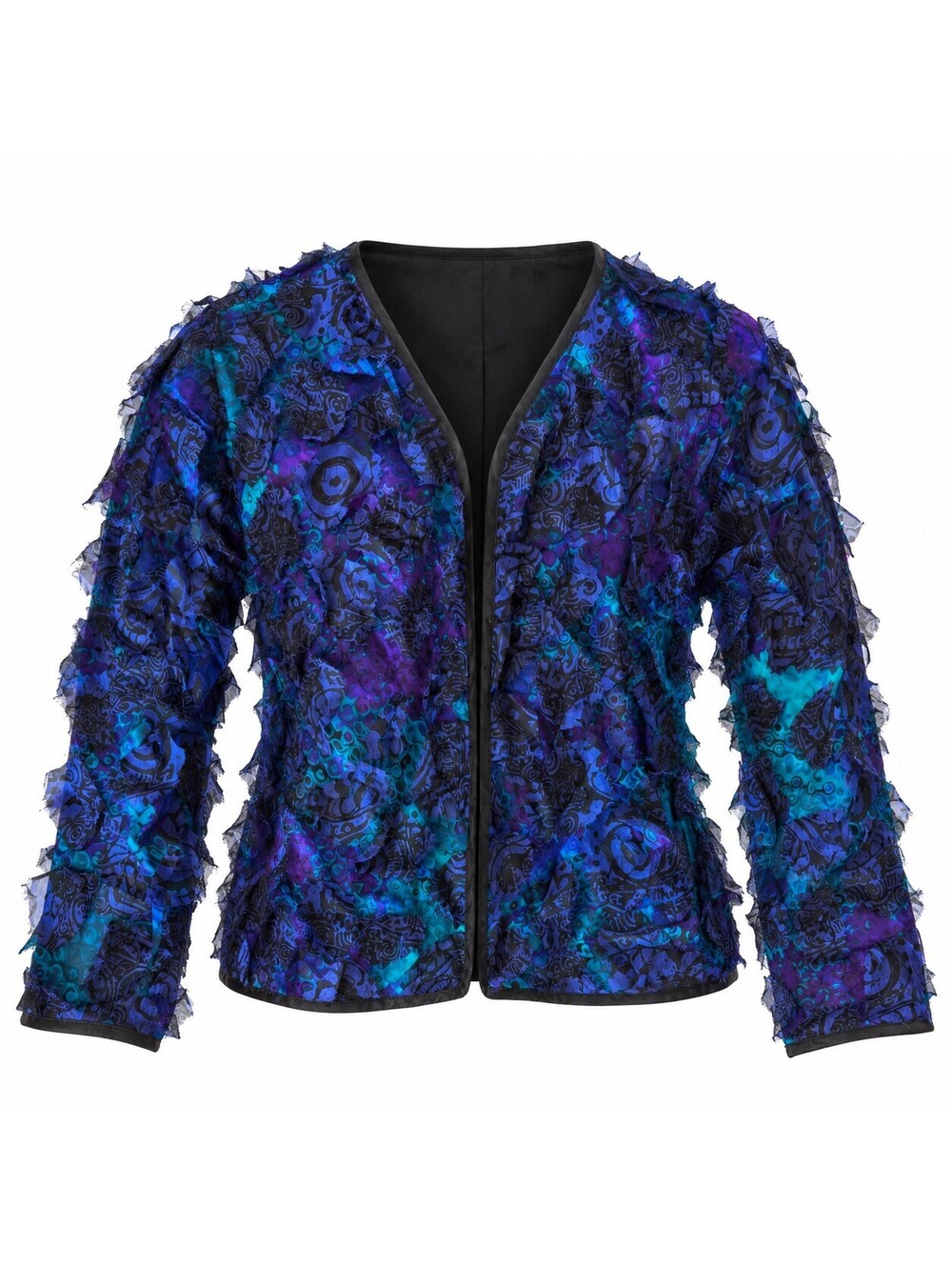 Chico's Feather Fray Interlude Abstract Silk Jacket Cardigan Size 3 Blue Purple